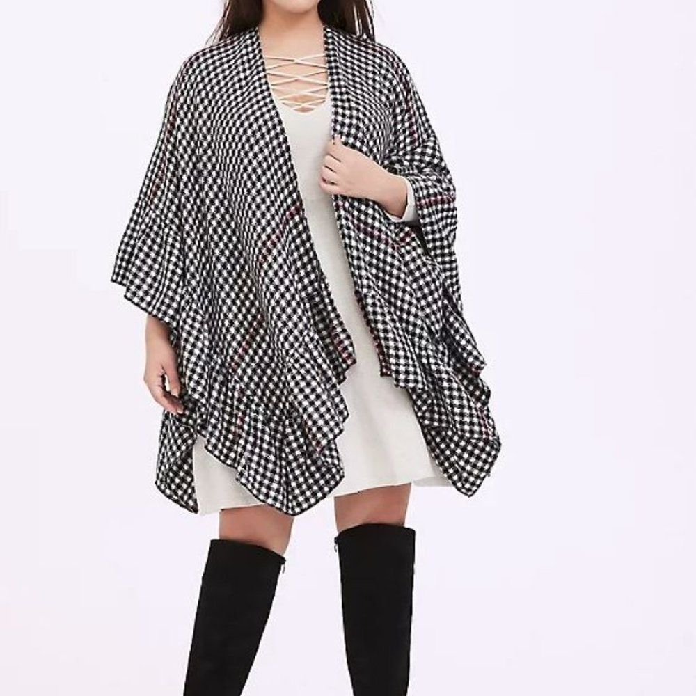 Women's Torrid Black & White Gingham & Red Stripe Ruana, One Size